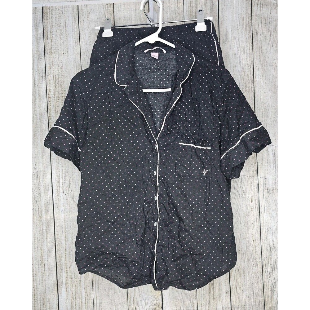 Victoria’s Secret Pajama Set Women’s Medium Black Pink Polka Dot Short Sleeve